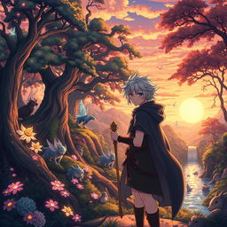 An anime-style illustration featuring a mystical forest filled with ancient trees and glowing flowers, inhabited by various fantastical creatures like fairies, elves, and mythical beasts