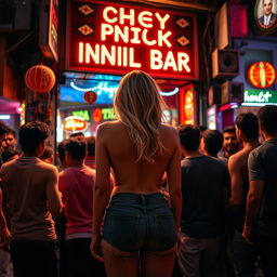 A bold and captivating scene outside a vibrant cheap Indian bar, featuring a sexy blonde woman standing with her back to the viewer, showcasing her big round ass