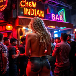 A bold and captivating scene outside a vibrant cheap Indian bar, featuring a sexy blonde woman standing with her back to the viewer, showcasing her big round ass