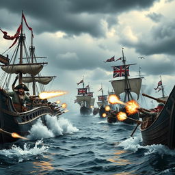 A dramatic scene from a pirate film titled 'Slaughter', set in the 18th century, depicting a fierce battle between British naval forces and a group of formidable pirates