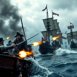 A dramatic scene from a pirate film titled 'Slaughter', set in the 18th century, depicting a fierce battle between British naval forces and a group of formidable pirates