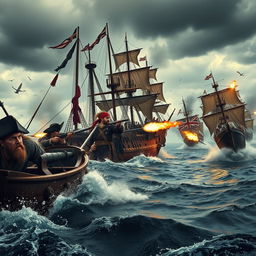 A dramatic scene from a pirate film titled 'Slaughter', set in the 18th century, depicting a fierce battle between British naval forces and a group of formidable pirates