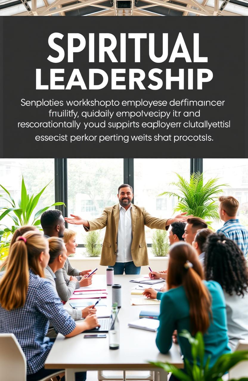 An inspirational scene illustrating spiritual leadership in a workplace setting, highlighting the impact of spiritual guidance on employee performance