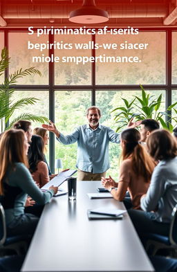 An inspirational scene illustrating spiritual leadership in a workplace setting, highlighting the impact of spiritual guidance on employee performance