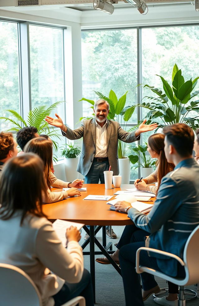 An inspirational scene illustrating spiritual leadership in a workplace setting, highlighting the impact of spiritual guidance on employee performance