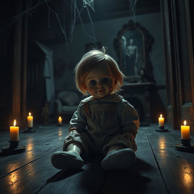 A chilling scene from a horror movie titled 'Horrific Housing', featuring the main horror character, a doll named Jackson