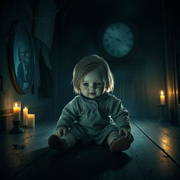 A chilling scene from a horror movie titled 'Horrific Housing', featuring the main horror character, a doll named Jackson