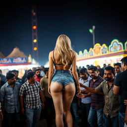 A captivating night scene outside a lively cheap Indian mela (fair), featuring a sexy blonde woman standing with her back to the viewer, wearing small denim shorts that accentuate her big round ass