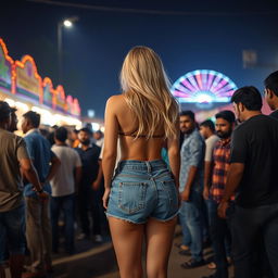 A captivating night scene outside a lively cheap Indian mela (fair), featuring a sexy blonde woman standing with her back to the viewer, wearing small denim shorts that accentuate her big round ass