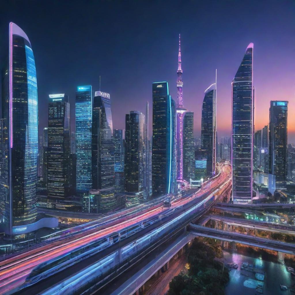 A highly modern, futuristic cityscape adorned with neon lights, sleek skyscrapers, advanced monorails, and flying cars under a night sky