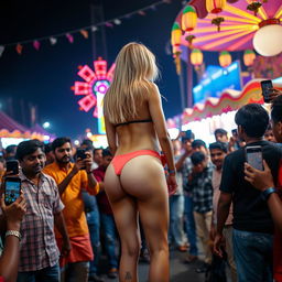 A captivating night scene outside a bustling cheap Indian mela (fair), featuring a sexy blonde woman standing with her back to the viewer, showcasing her big round ass while wearing small panties