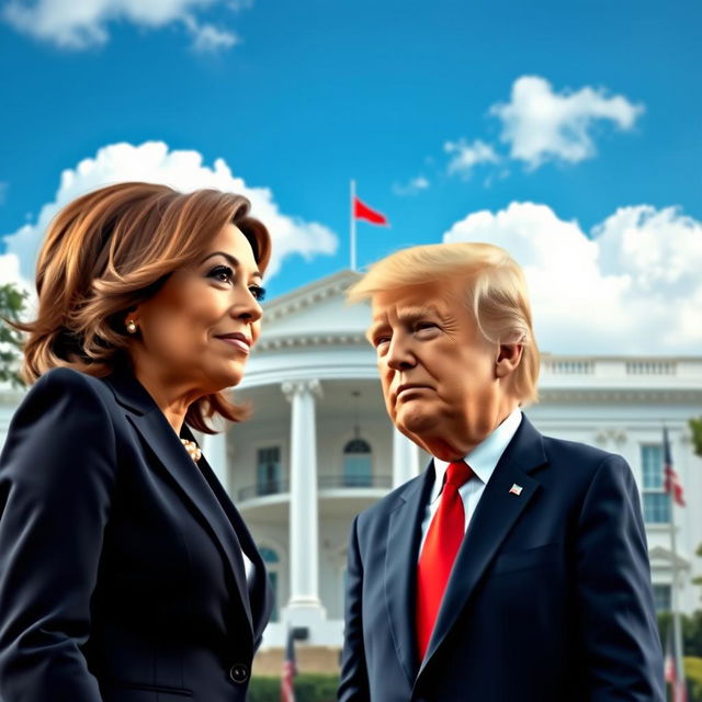 An imaginative political satire scene featuring a striking representation of the White House in the background, with Kamala Harris and Donald Trump standing side by side