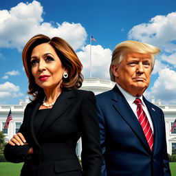 An imaginative political satire scene featuring a striking representation of the White House in the background, with Kamala Harris and Donald Trump standing side by side