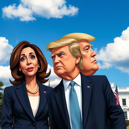 An imaginative political satire scene featuring a striking representation of the White House in the background, with Kamala Harris and Donald Trump standing side by side