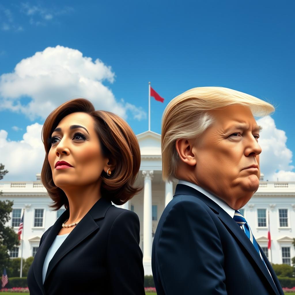 An imaginative political satire scene featuring a striking representation of the White House in the background, with Kamala Harris and Donald Trump standing side by side