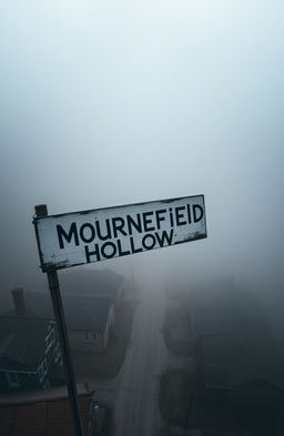 A bleak and morbid aerial view of a desolate town, shrouded in thick fog during the daytime