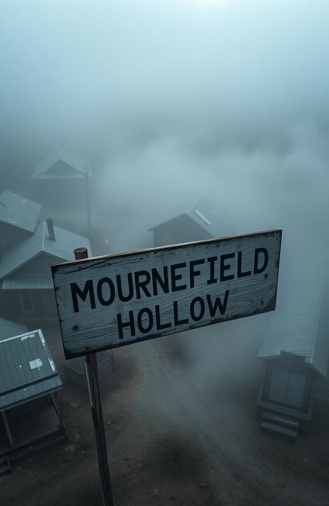 A bleak and morbid aerial view of a desolate town, shrouded in thick fog during the daytime