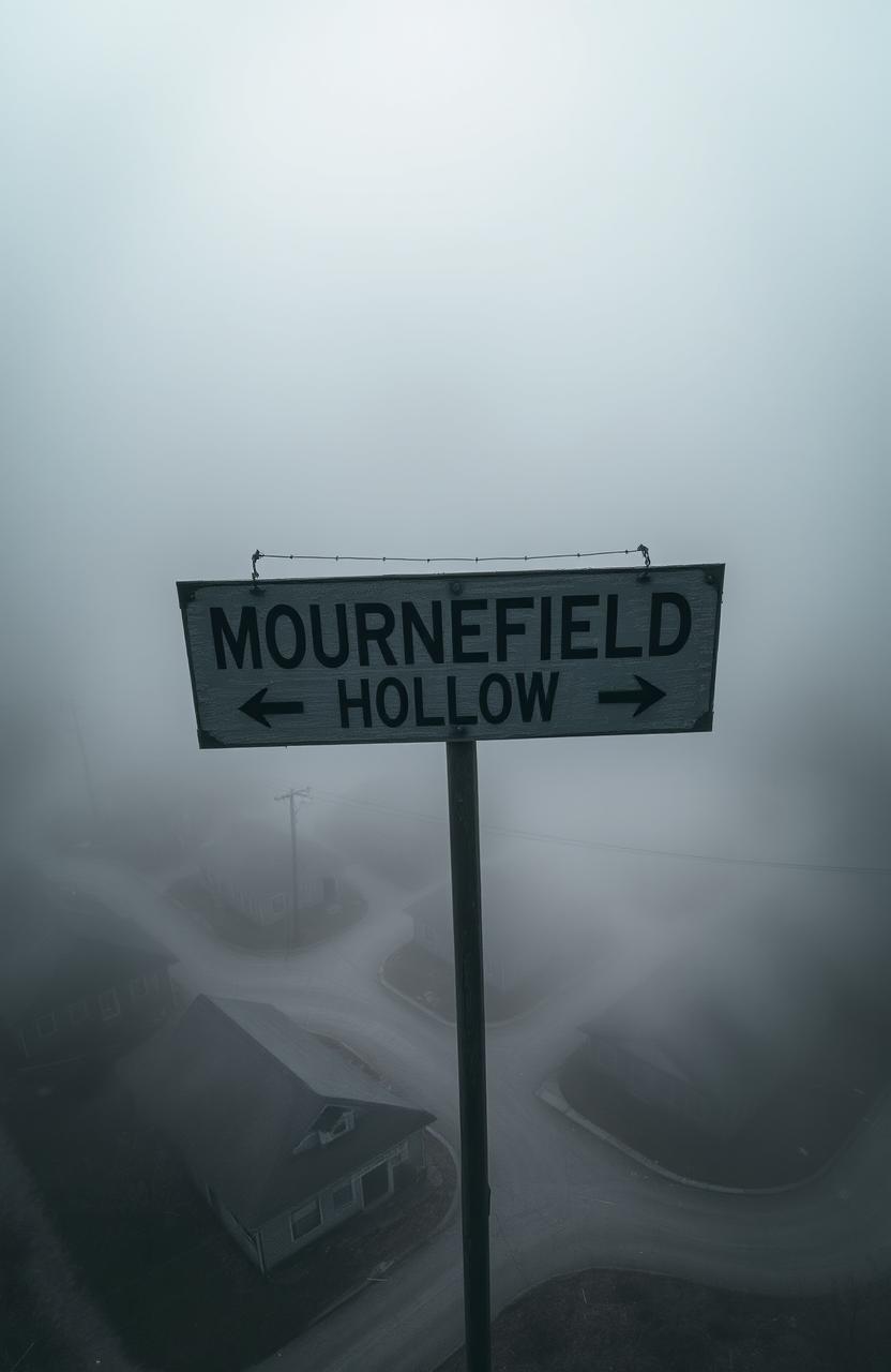 A bleak and morbid aerial view of a desolate town, shrouded in thick fog during the daytime