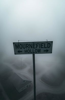 A bleak and morbid aerial view of a desolate town, shrouded in thick fog during the daytime