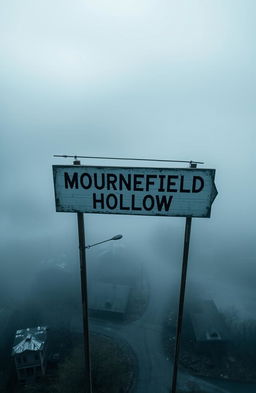 A bleak and morbid aerial view of a desolate town, shrouded in thick fog during the daytime
