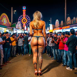 A striking night scene outside a lively cheap Indian mela (fair), showcasing a sexy blonde woman standing with her back to the viewer, exhibiting her big round ass and wearing small panties that accentuate her curves