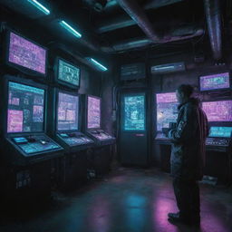 Fascinating cyberpunk styled technology featuring high tech gadgets, augmented reality interfaces, biomechanical enhancements, and neon-lit electronics in a grungy, dystopian setting