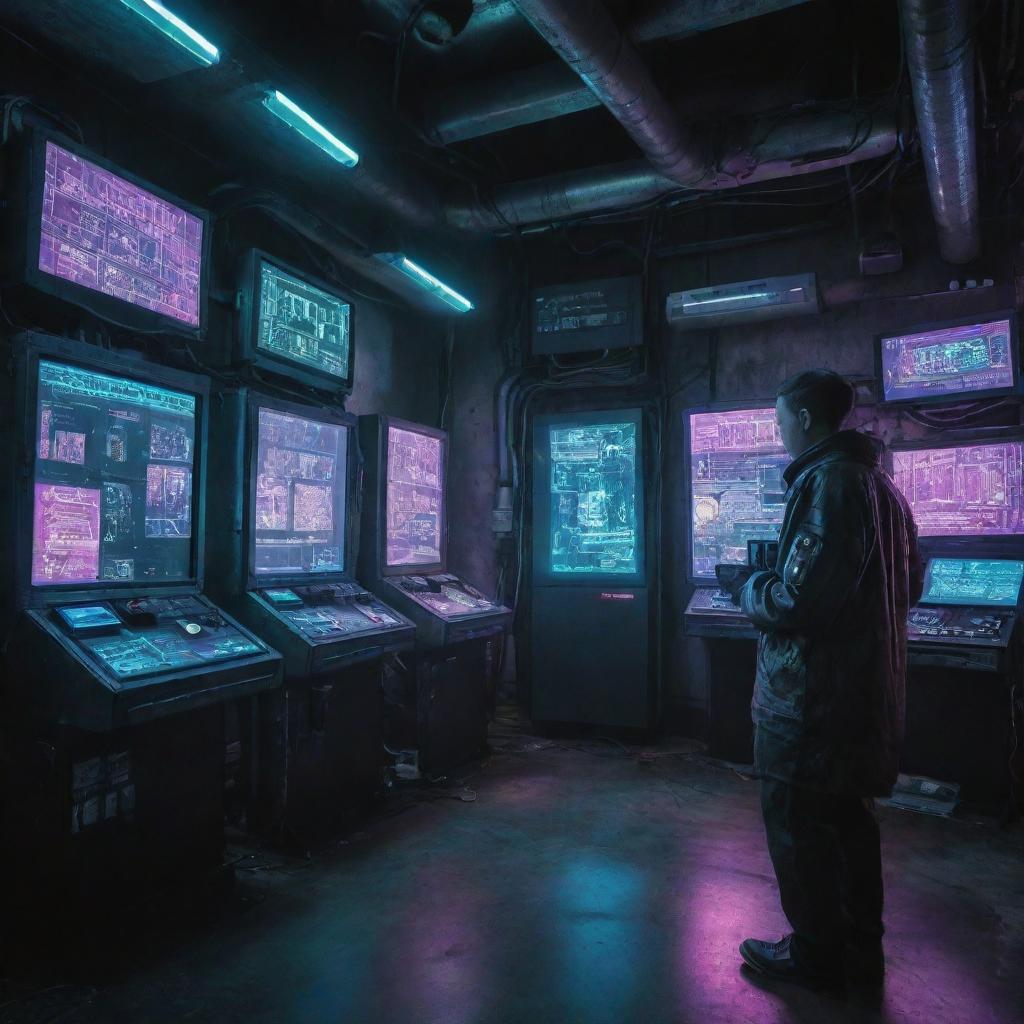Fascinating cyberpunk styled technology featuring high tech gadgets, augmented reality interfaces, biomechanical enhancements, and neon-lit electronics in a grungy, dystopian setting