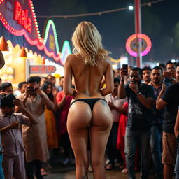 A striking night scene outside a lively cheap Indian mela (fair), showcasing a sexy blonde woman standing with her back to the viewer, exhibiting her big round ass and wearing small panties that accentuate her curves
