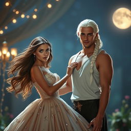 A stunningly beautiful young woman with flowing brown hair and captivating green eyes, elegantly dressed in a luxurious ball gown, is holding at arm's length a tall and powerful man