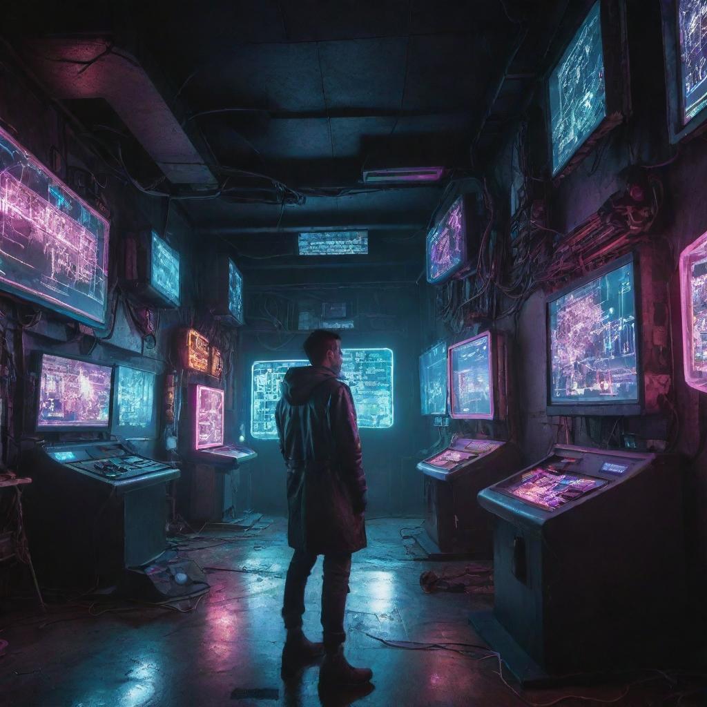 Fascinating cyberpunk styled technology featuring high tech gadgets, augmented reality interfaces, biomechanical enhancements, and neon-lit electronics in a grungy, dystopian setting