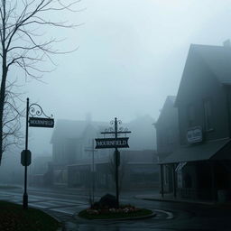 A bleak and morbid town shrouded in thick fog during the daytime, featuring multiple buildings including town shops with a dark, atmospheric feel