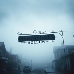 A bleak and morbid town shrouded in thick fog during the daytime, featuring multiple buildings including town shops with a dark, atmospheric feel