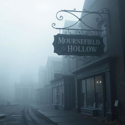 A bleak and morbid town shrouded in thick fog during the daytime, featuring multiple buildings including town shops with a dark, atmospheric feel