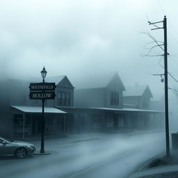 A bleak and morbid town shrouded in thick fog during the daytime, featuring multiple buildings including town shops with a dark, atmospheric feel