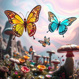 A mesmerizing surreal landscape in a parallel world where butterflies are intricately crafted from glass