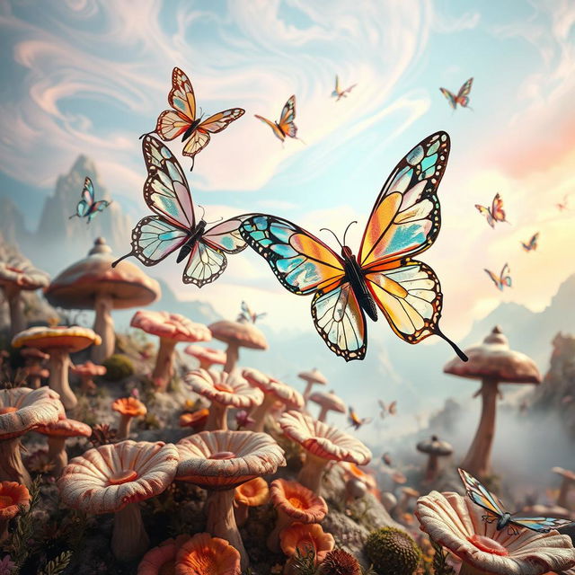 A mesmerizing surreal landscape in a parallel world where butterflies are intricately crafted from glass