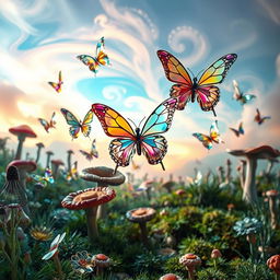A mesmerizing surreal landscape in a parallel world where butterflies are intricately crafted from glass