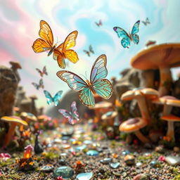 A mesmerizing surreal landscape in a parallel world where butterflies are intricately crafted from glass