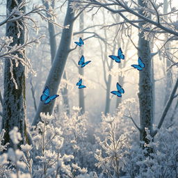 An enchanting ice forest, where shimmering frost covers towering trees and delicate frozen flowers decorate the ground