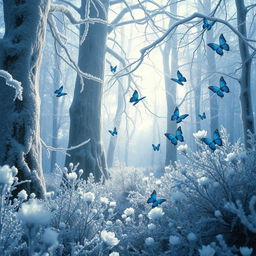 An enchanting ice forest, where shimmering frost covers towering trees and delicate frozen flowers decorate the ground