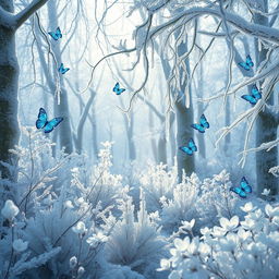 An enchanting ice forest, where shimmering frost covers towering trees and delicate frozen flowers decorate the ground