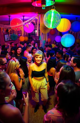 A lively house party scene filled with numerous diverse people enjoying themselves, vibrant fluorescent lights illuminating the space creating a colorful atmosphere