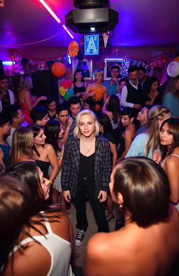 A lively house party scene filled with numerous diverse people enjoying themselves, vibrant fluorescent lights illuminating the space creating a colorful atmosphere