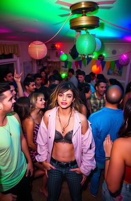 A lively house party scene filled with numerous diverse people enjoying themselves, vibrant fluorescent lights illuminating the space creating a colorful atmosphere