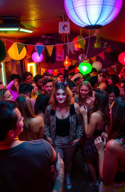 A lively house party scene filled with numerous diverse people enjoying themselves, vibrant fluorescent lights illuminating the space creating a colorful atmosphere