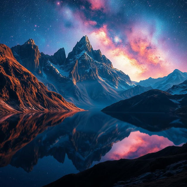 A stunning landscape featuring majestic mountains with glass-like surfaces that beautifully reflect a sky filled with vibrant galaxies