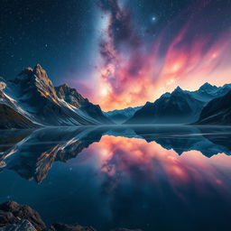 A stunning landscape featuring majestic mountains with glass-like surfaces that beautifully reflect a sky filled with vibrant galaxies