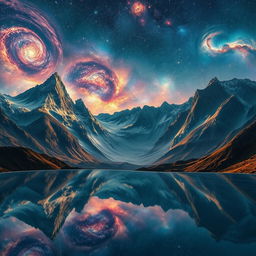 A stunning landscape featuring majestic mountains with glass-like surfaces that beautifully reflect a sky filled with vibrant galaxies