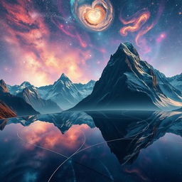 A stunning landscape featuring majestic mountains with glass-like surfaces that beautifully reflect a sky filled with vibrant galaxies