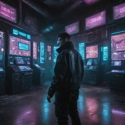 Fascinating cyberpunk styled technology featuring high tech gadgets, augmented reality interfaces, biomechanical enhancements, and neon-lit electronics in a grungy, dystopian setting